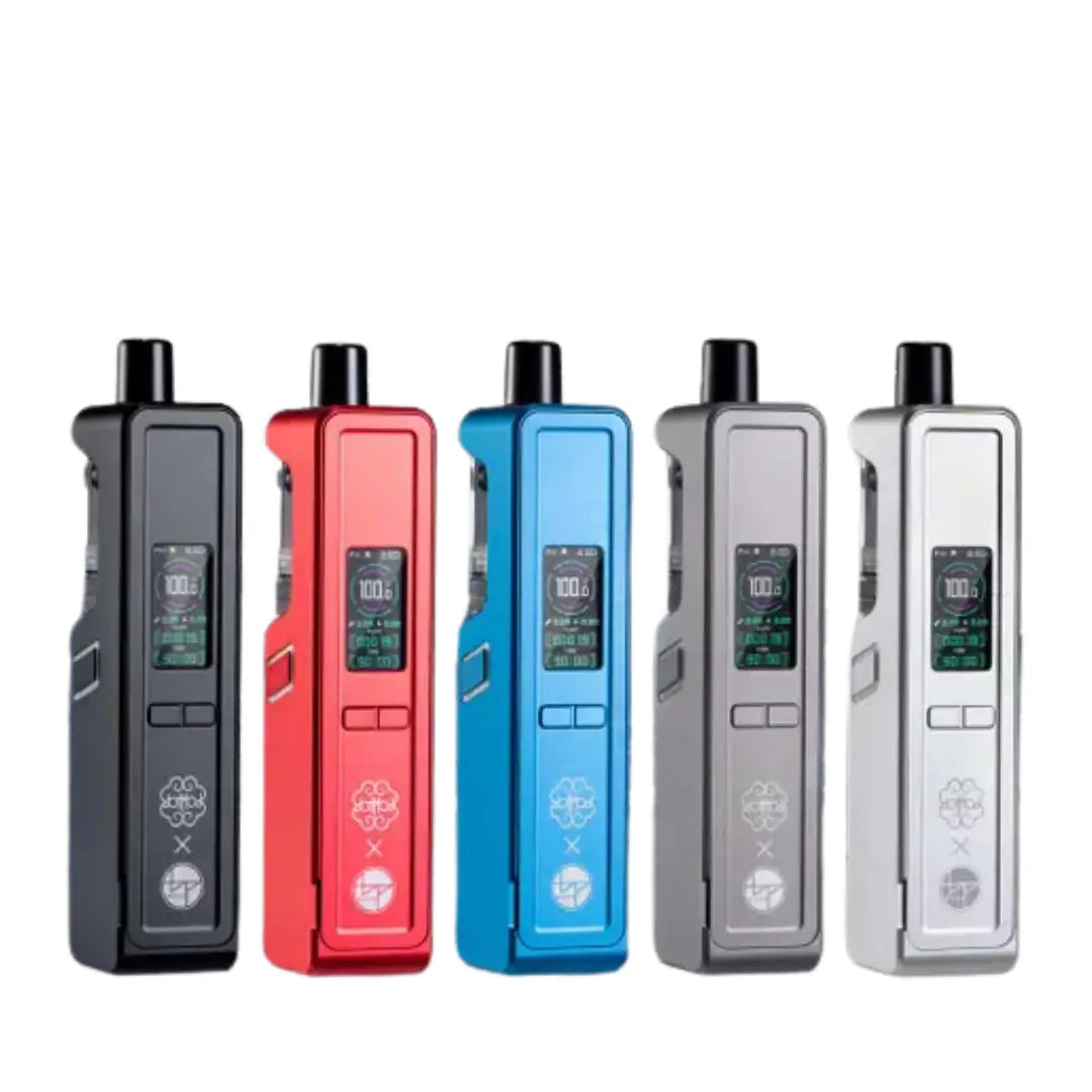 Five Dotmod BP Mods dotAMP AIO Kits in black, red, blue, grey, and silver.