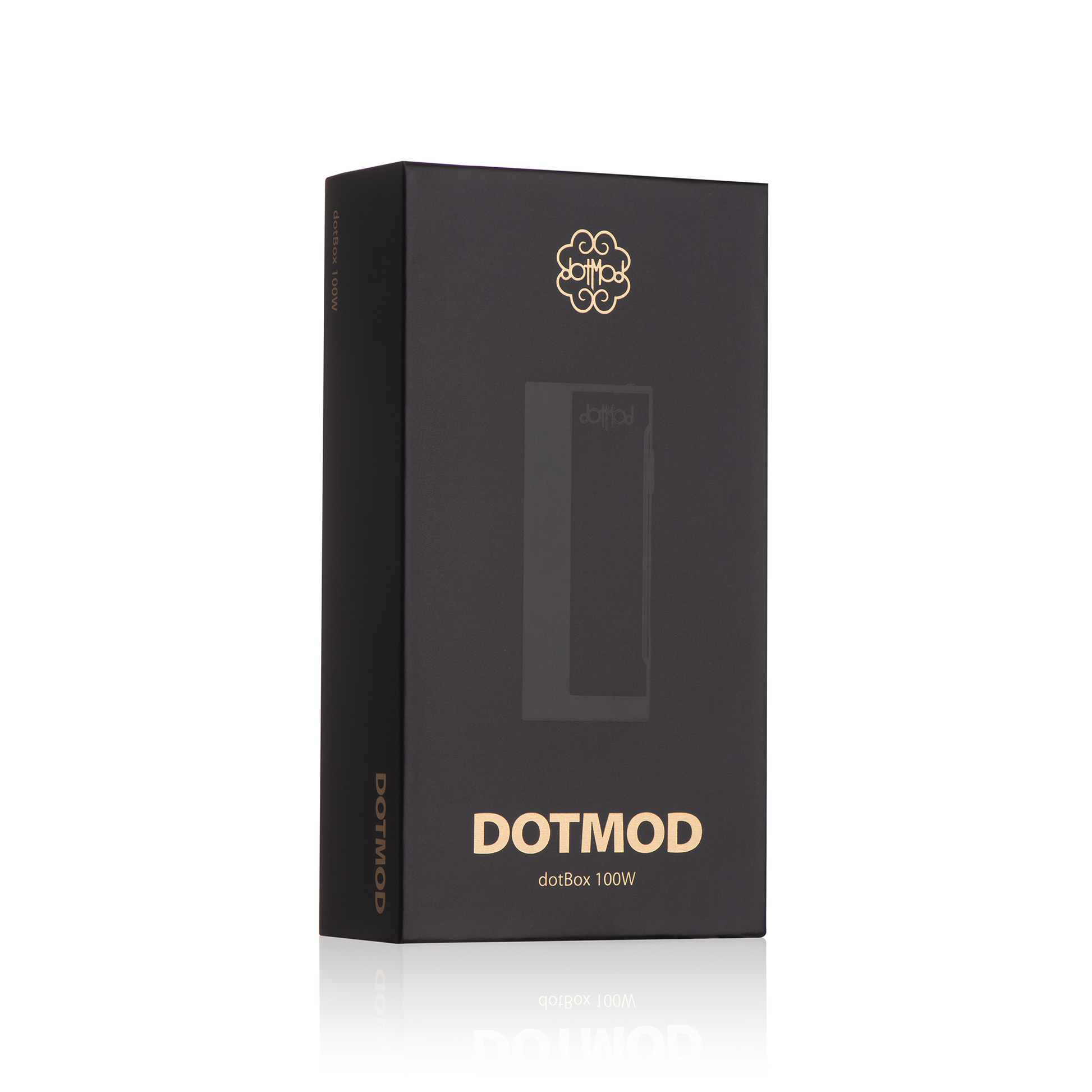 DotMod dotBox 100W box mod packaging, black with gold text and logo.