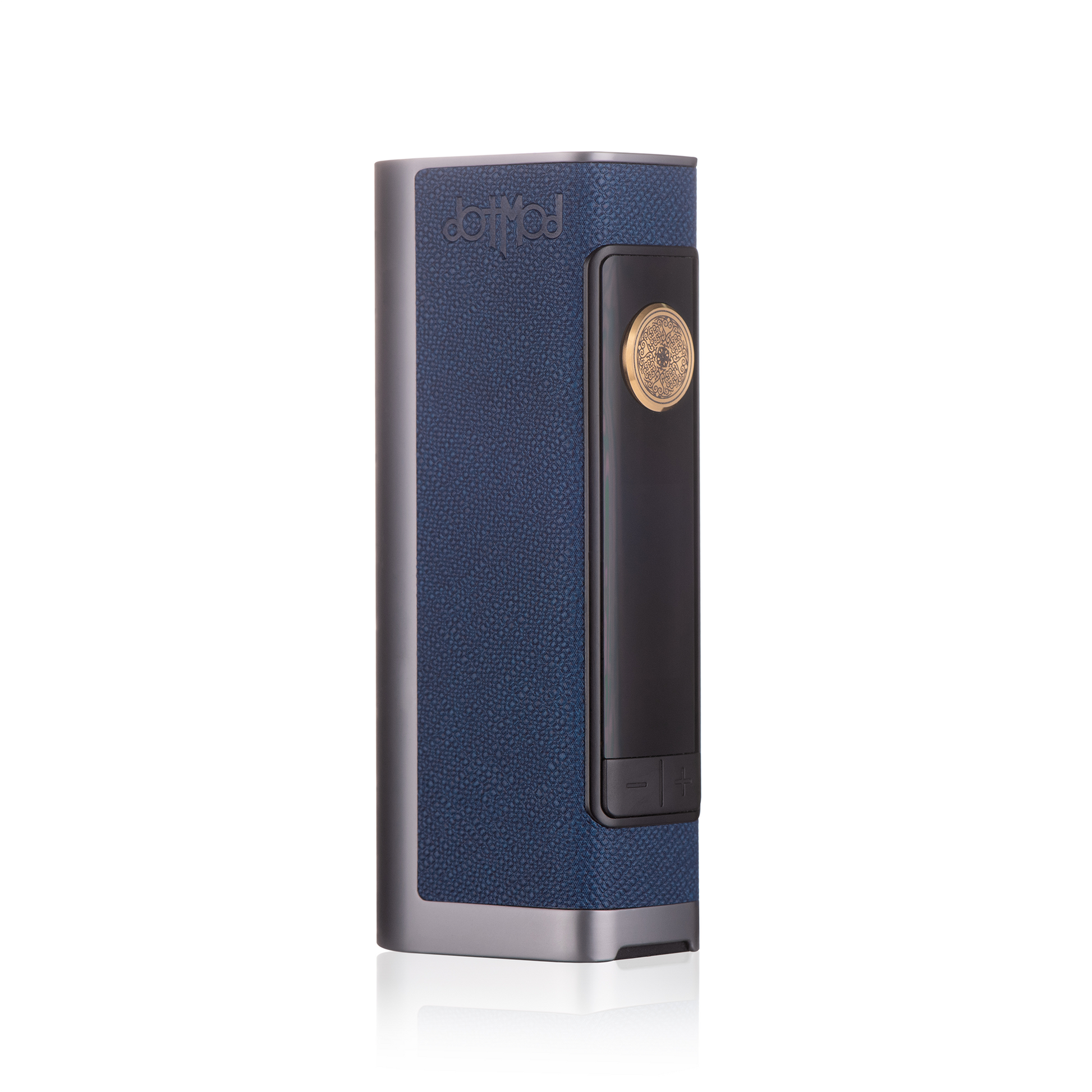 Blue Dotmod Dotbox 100W box mod with black and gold accents, standing upright.