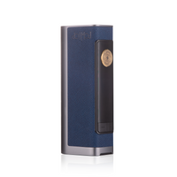 Blue Dotmod Dotbox 100W box mod with black and gold accents, standing upright.