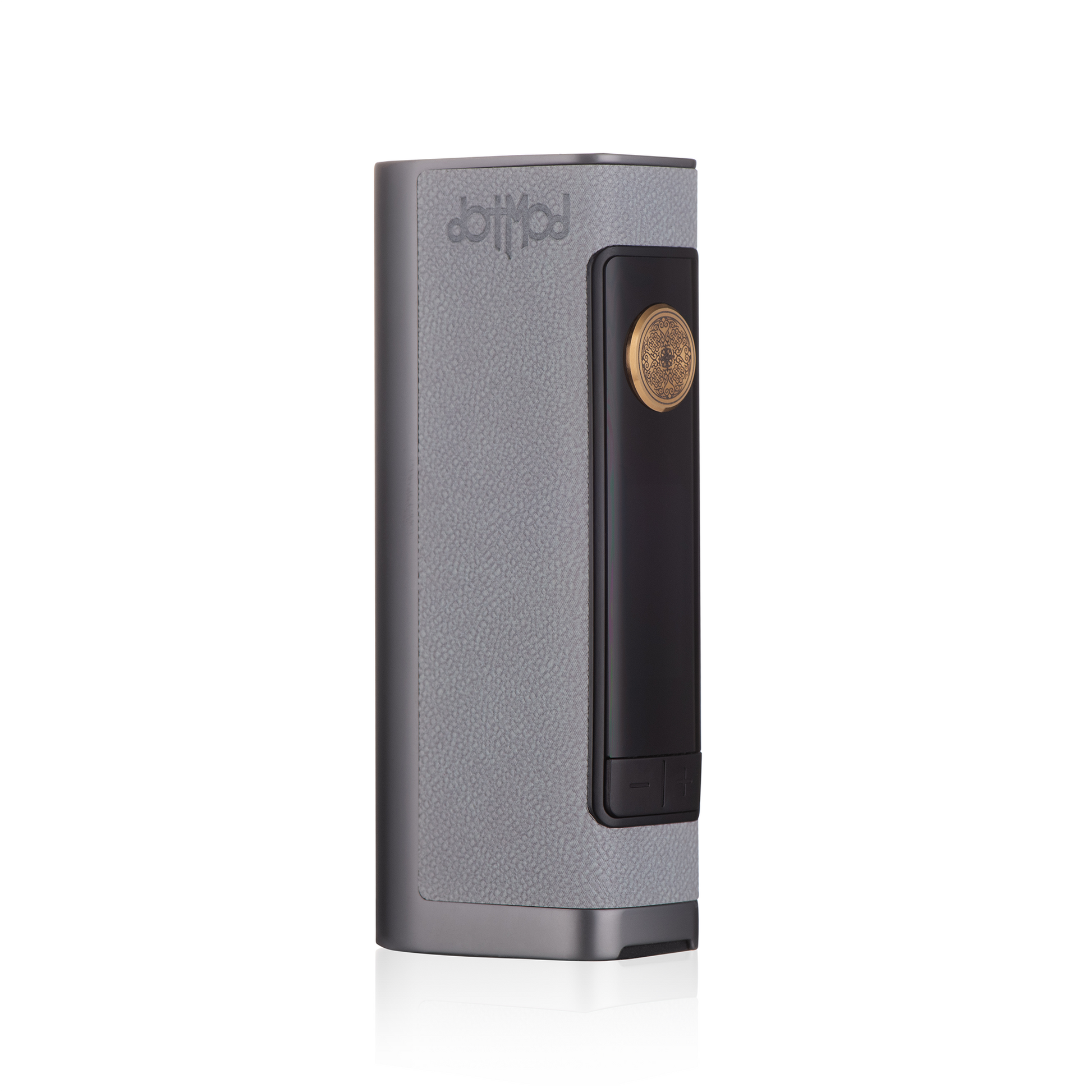 Dotmod Dotbox 100W Box Mod in grey with textured finish and gold button.