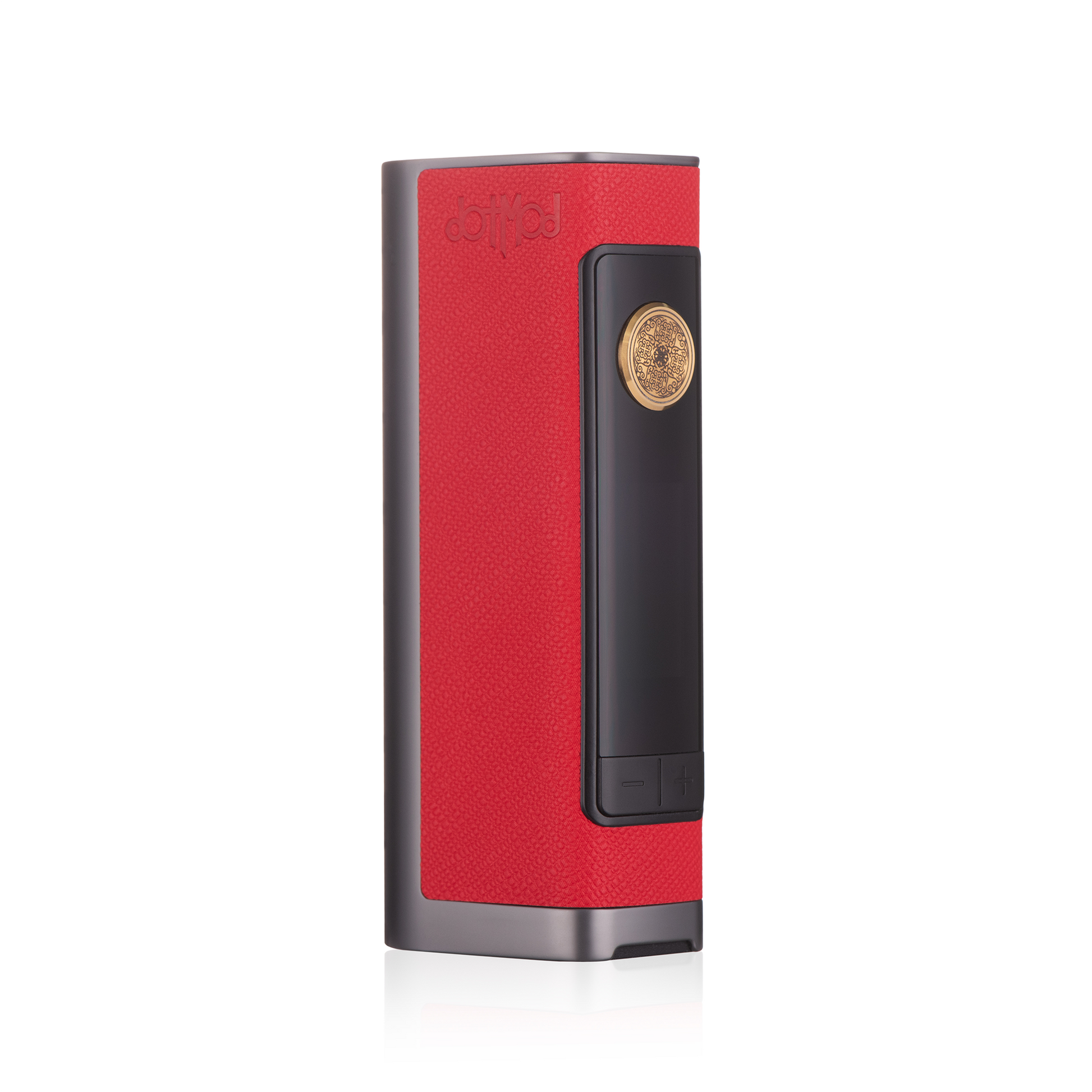 Red Dotmod Dotbox 100W box mod with a sleek design and gold button.