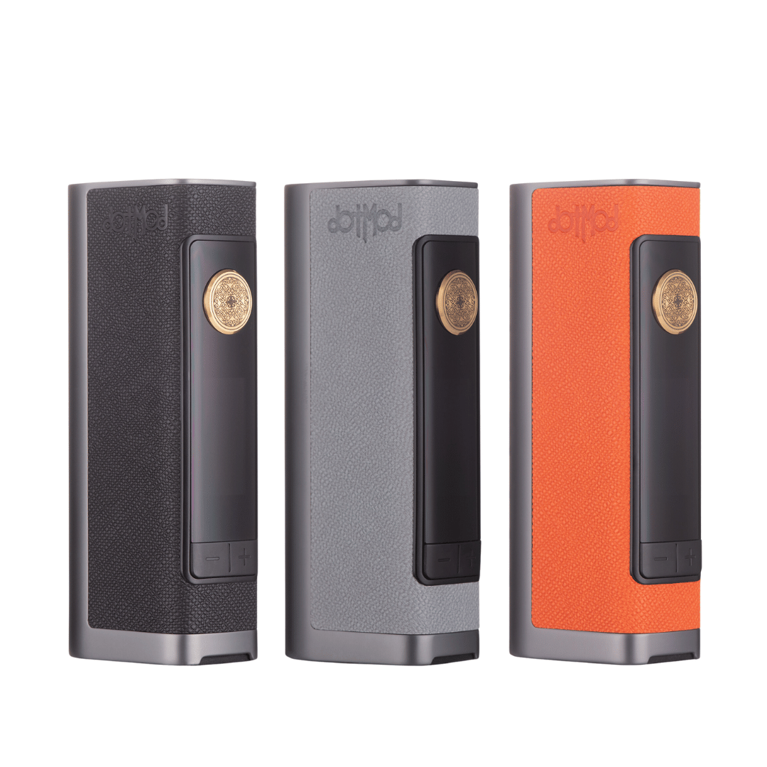 Three Dotmod Dotbox 100W box mods in black, grey, and orange with a gold button.