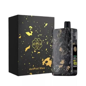 Black and gold vape device with 'dotPod Max' packaging on a white background in gold carbon fibre finish.