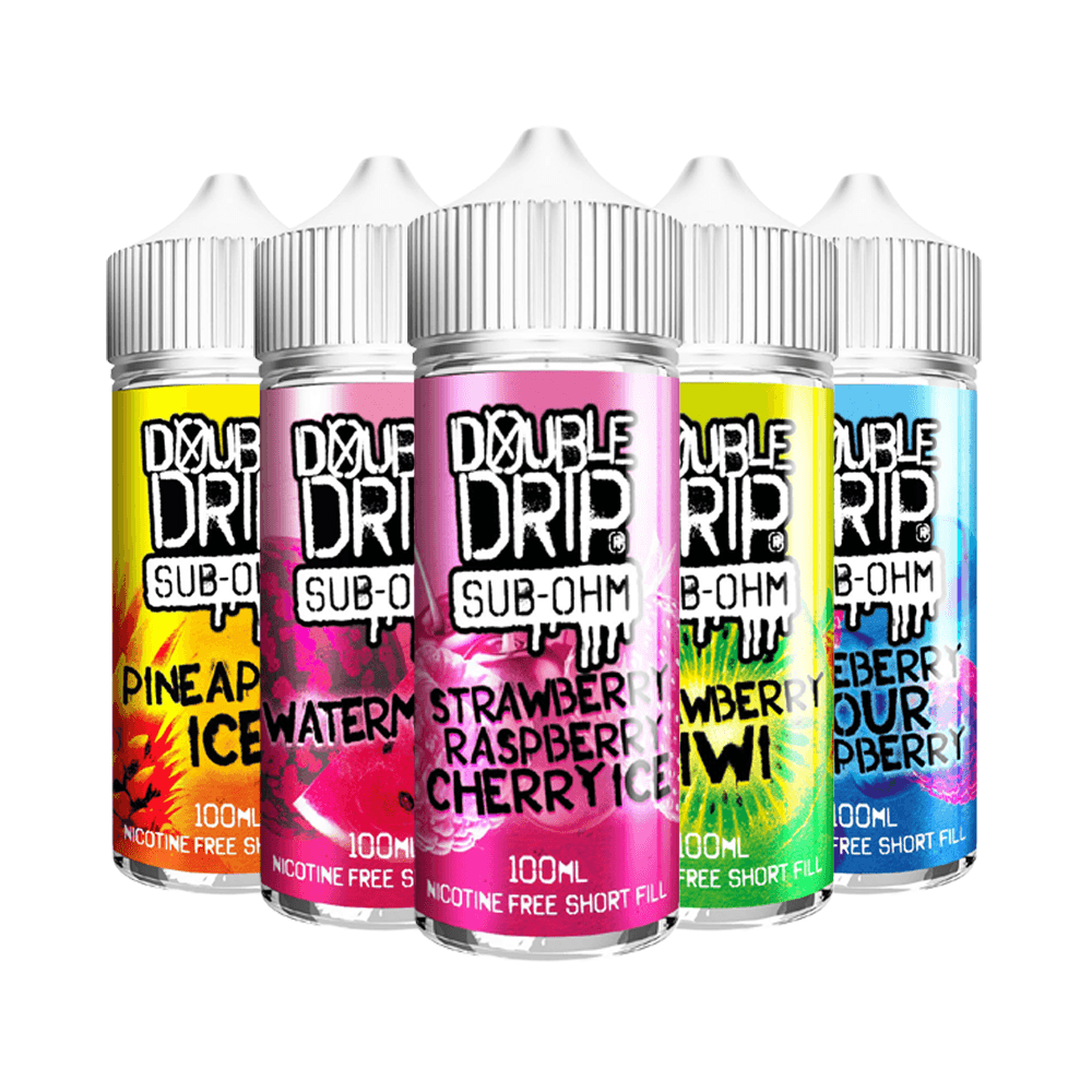 Five Double Drip e-liquid bottles: Pineapple, Watermelon, Strawberry, Raspberry, and Blueberry flavours.