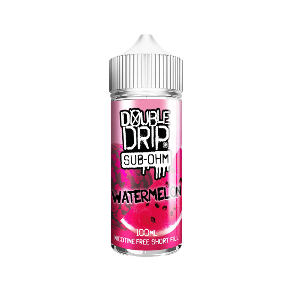 Double Drip Sub-Ohm Watermelon 100ml vape juice bottle with pink label.