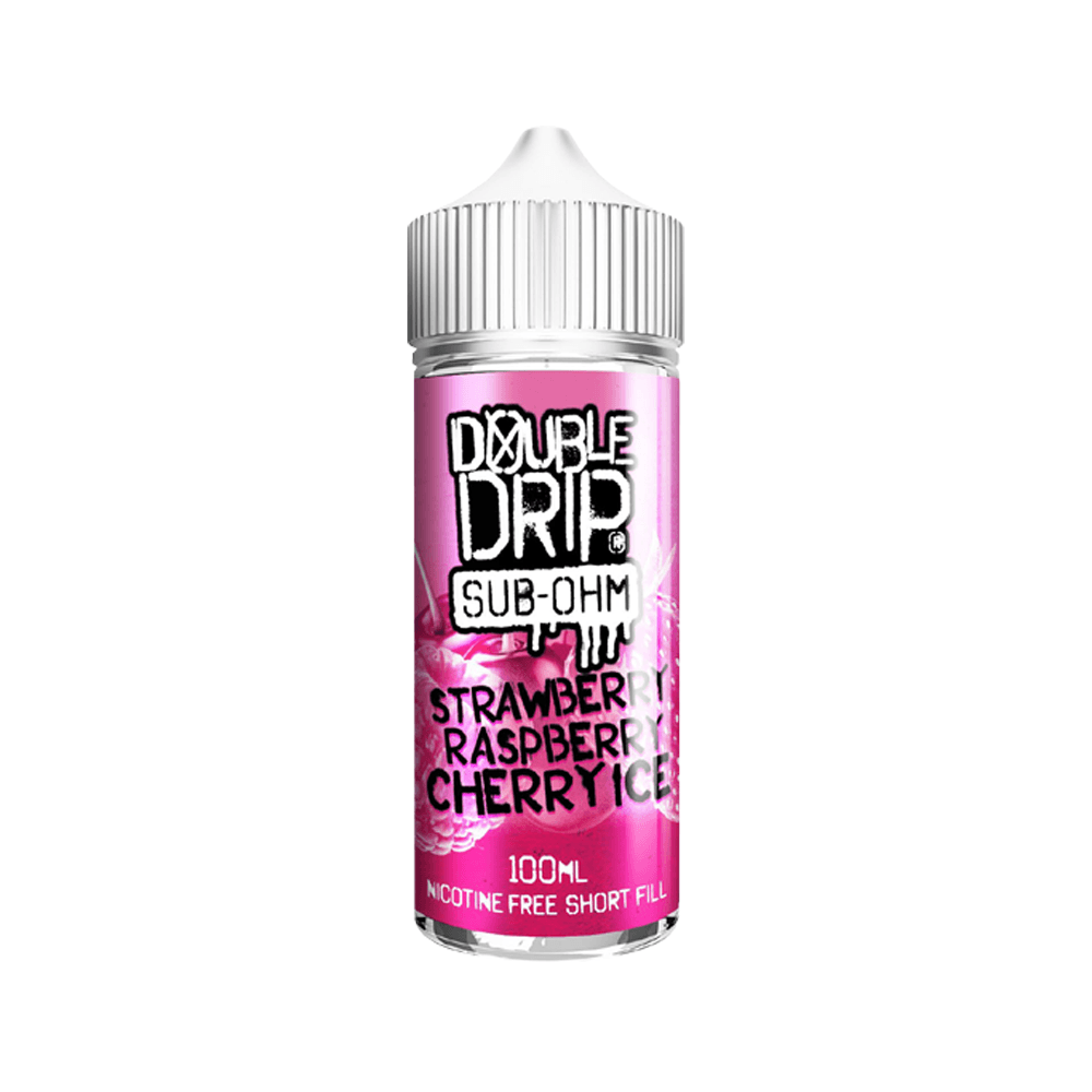 Double Drip 100ml bottle, Strawberry Raspberry Cherry Ice flavour, pink label.