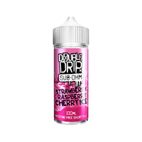 Double Drip 100ml bottle, Strawberry Raspberry Cherry Ice flavour, pink label.