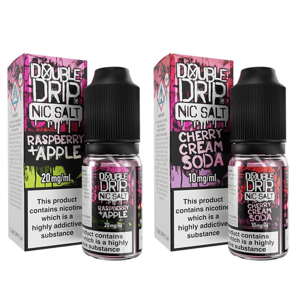 Double Drip Nic Salt e-liquids: Raspberry Apple and Cherry Cream Soda flavours.