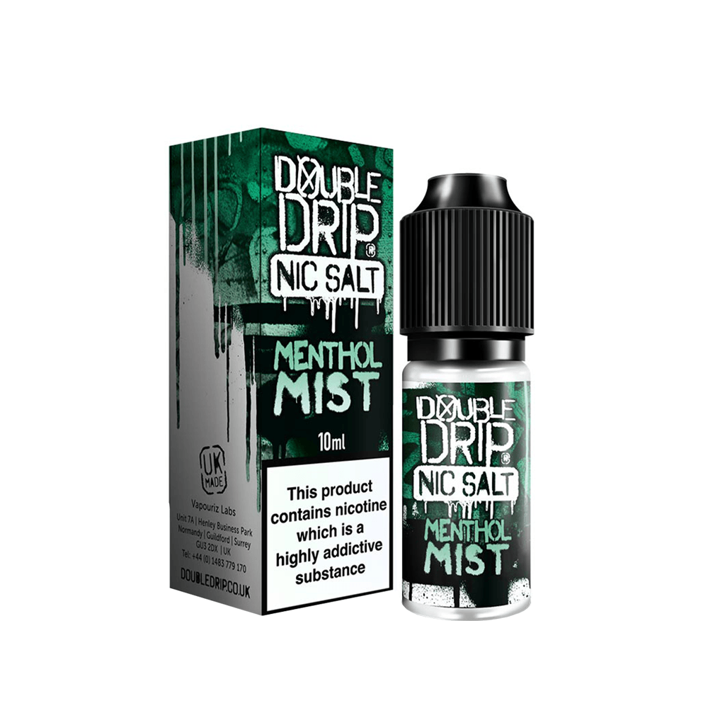 Double Drip Menthol Mist Nic Salt 10ml bottle and box with green and black design.