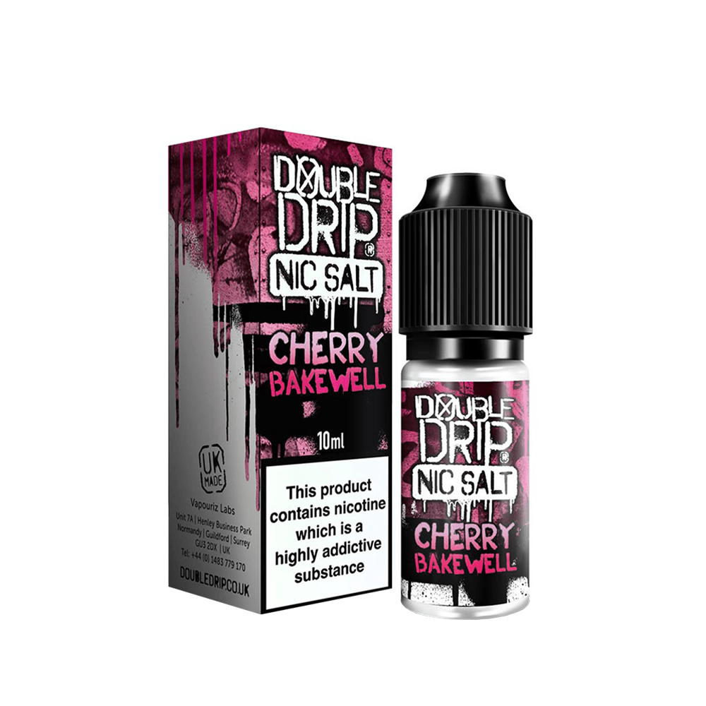 Double Drip Cherry Bakewell Nic Salt vape juice bottle and box, 10ml, UK made.