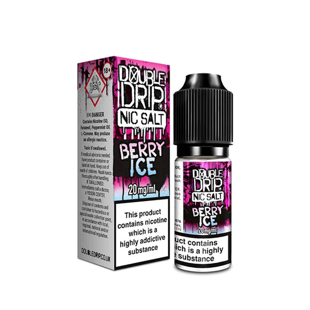 Double Drip Nic Salt Berry Ice e-liquid bottle and box, 20mg/ml, with bold branding.