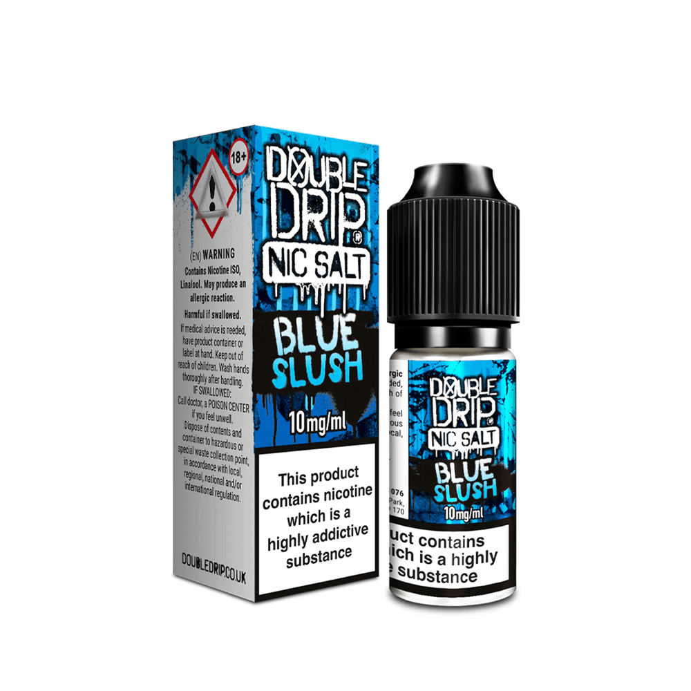 Double Drip Nic Salt Blue Slush e-liquid bottle and box with vibrant blue design.