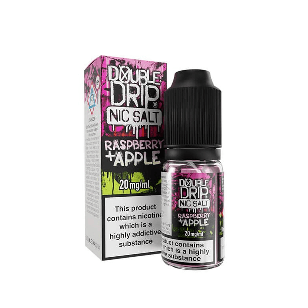 Double Drip Raspberry & Apple Nic Salt e-liquid bottle and box, 20mg/ml.