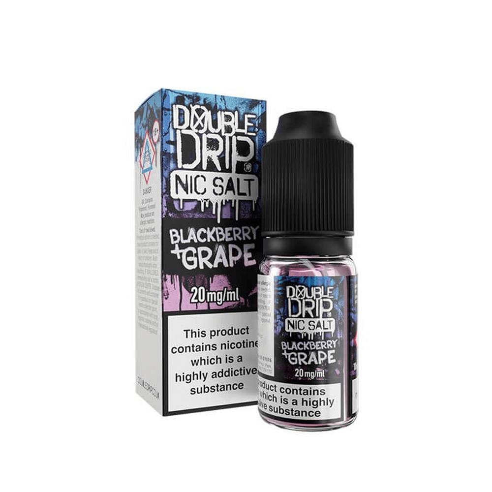 Double Drip Blackberry Grape Nic Salt, 20mg bottle with matching box packaging.