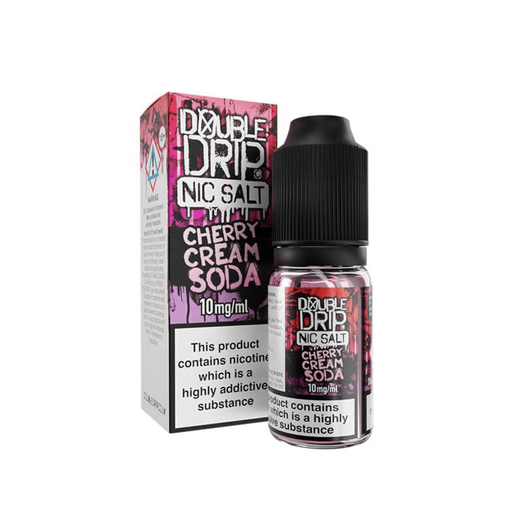 Double Drip Nic Salt Cherry Cream Soda e-liquid bottle and box, 10mg/ml nicotine strength.