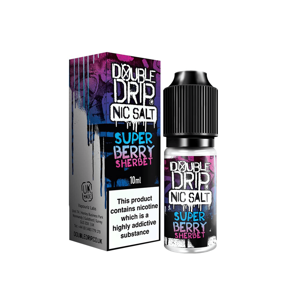 Double Drip Super Berry Sherbet 10ml Nic Salt e-liquid bottle and box packaging.