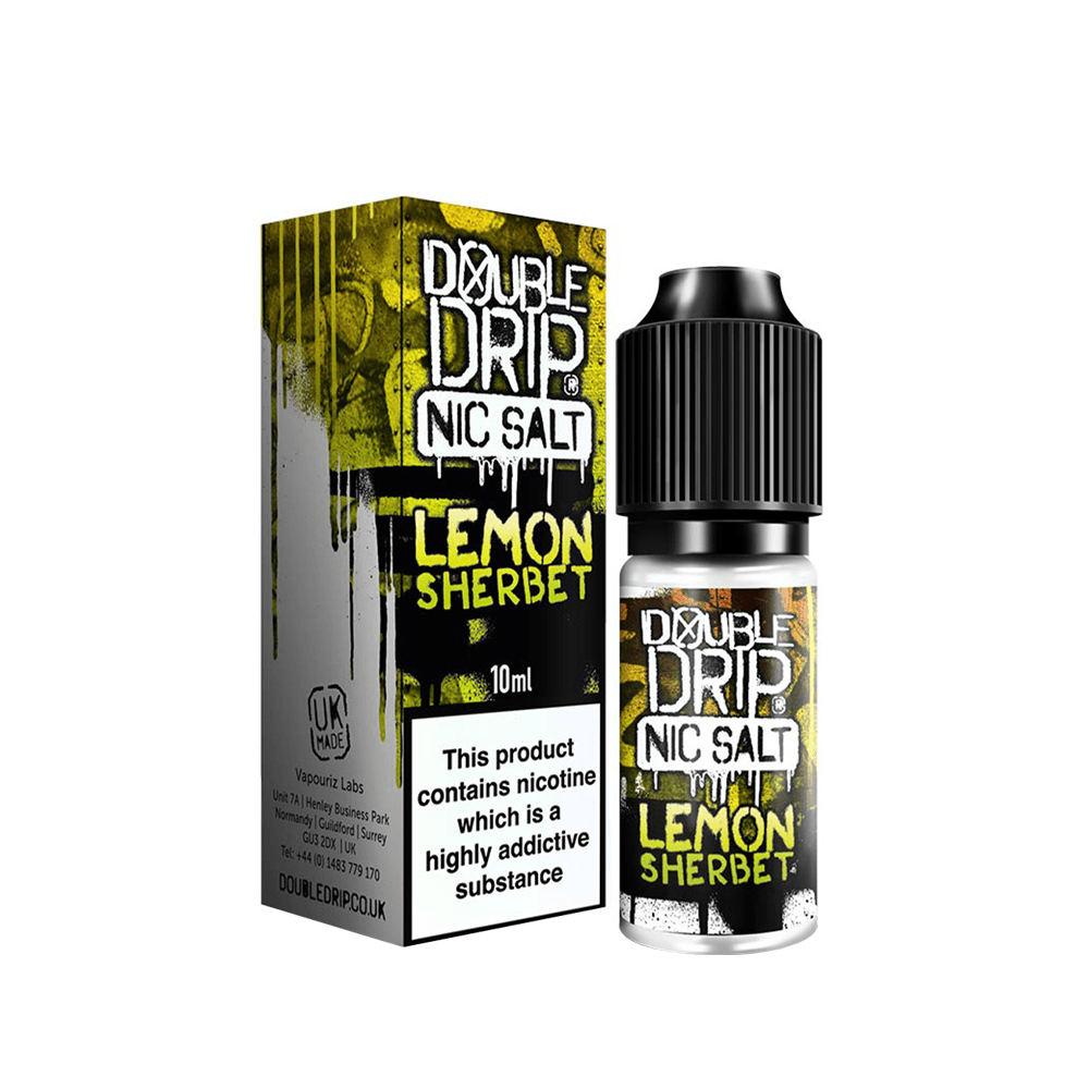 Double Drip Lemon Sherbet Nic Salt e-liquid bottle and box, UK made, 10ml.