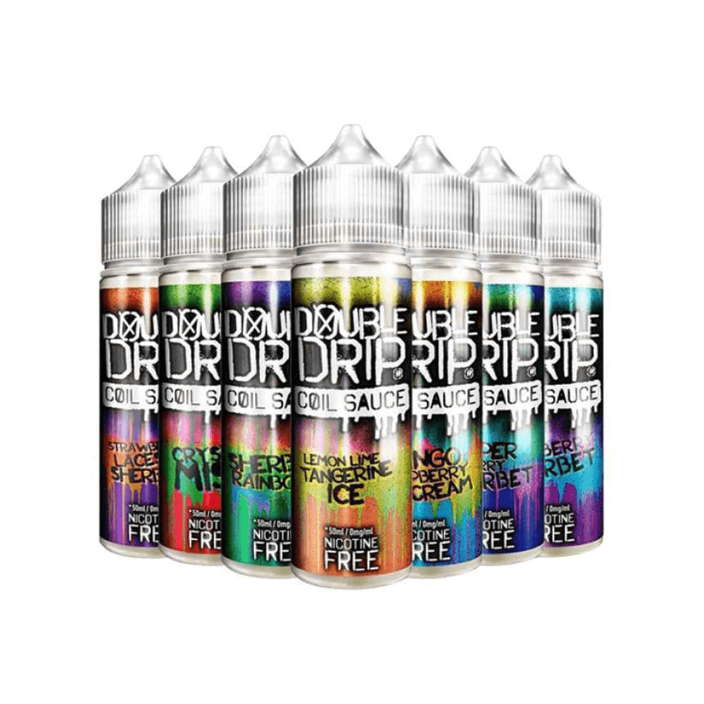 Double Drip vape juice bottles in various flavours, colourful labels displayed in a row.