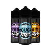 Three Dough Bros vape juice bottles: Boston Cream, Blueberry Jam, and Caramel.