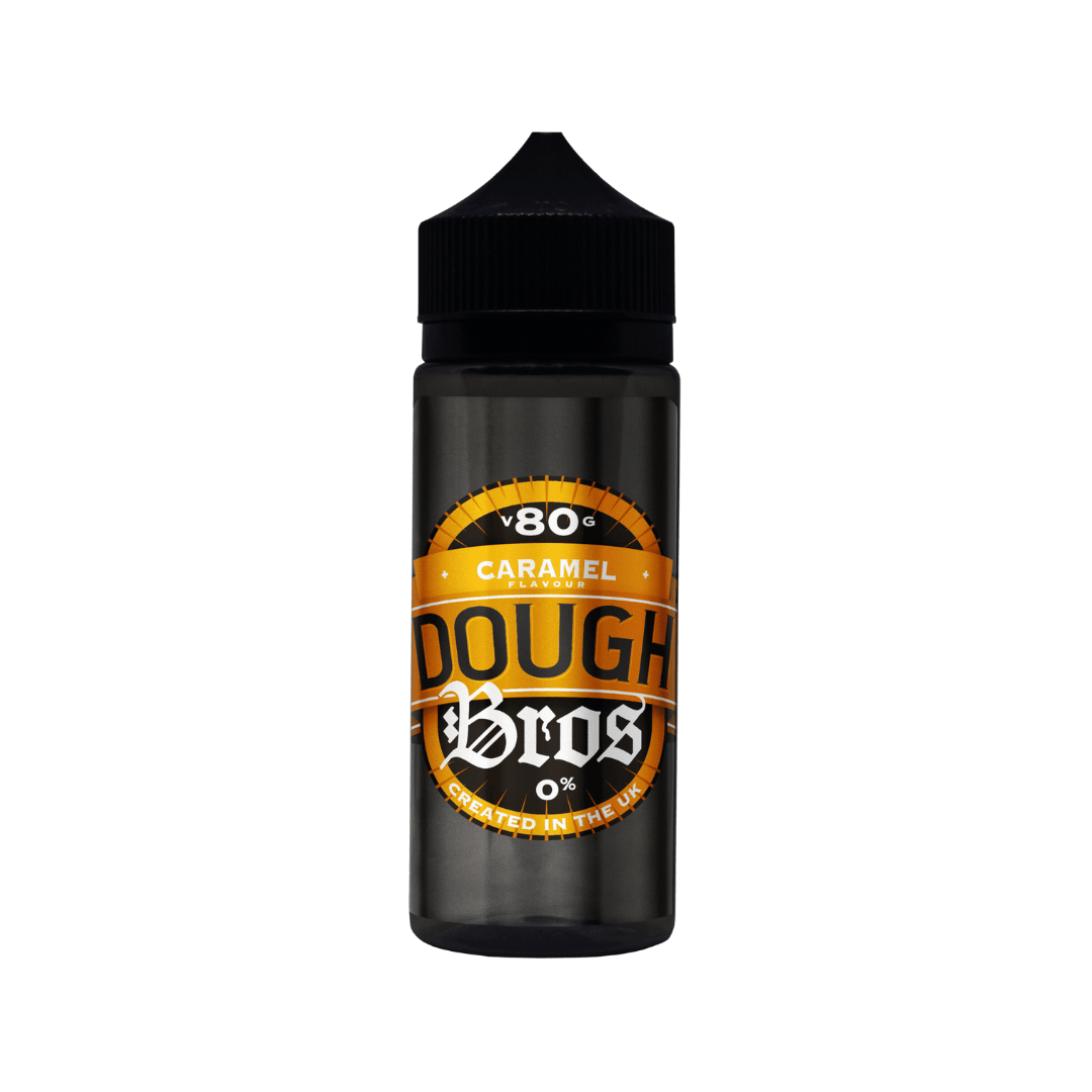 Dough Bros Caramel 100ml shortfill bottle with black cap, 80VG label visible.