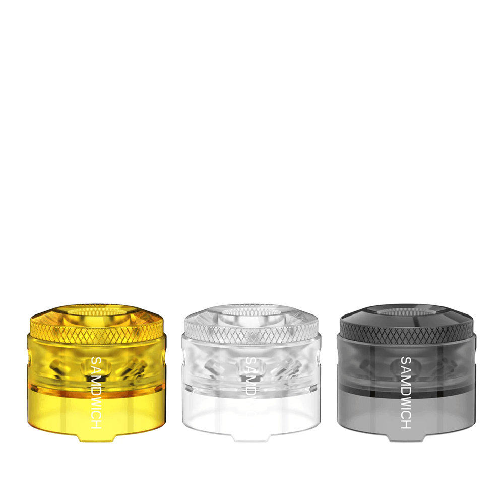 Three Dovpo Sandwich RDA caps in yellow, clear, and grey with side airflow design.