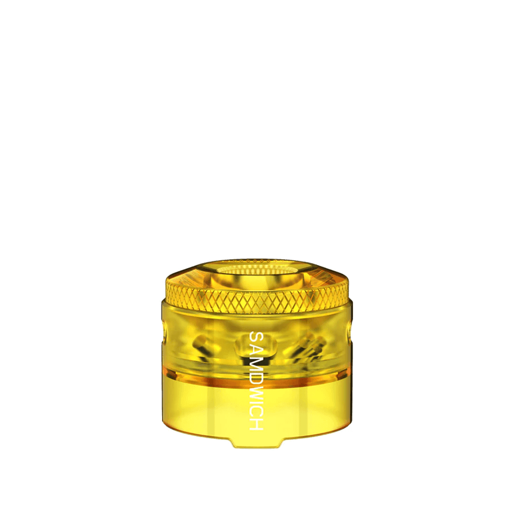 Translucent yellow RDA cap with side airflow, labelled "SANDWICH".