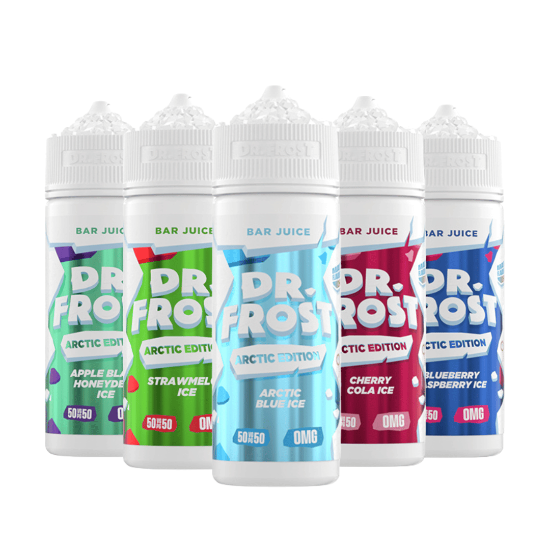 Five Dr Frost Arctic Edition e-liquid bottles, featuring flavours like Apple Honeydew and Cherry Cola Ice.