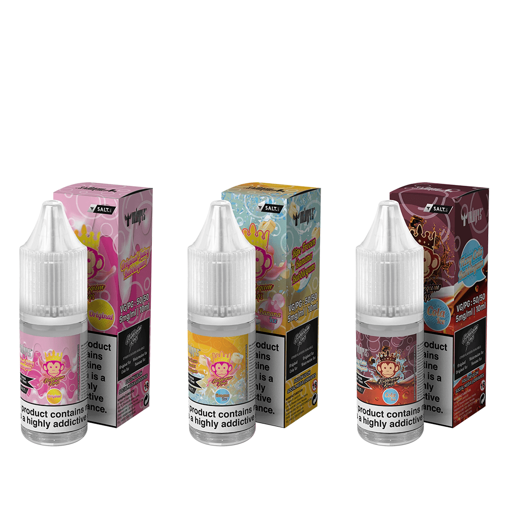 Three bottles of Dr Vapes Bubblegum Kings e-liquid, with colourful packaging in the background.