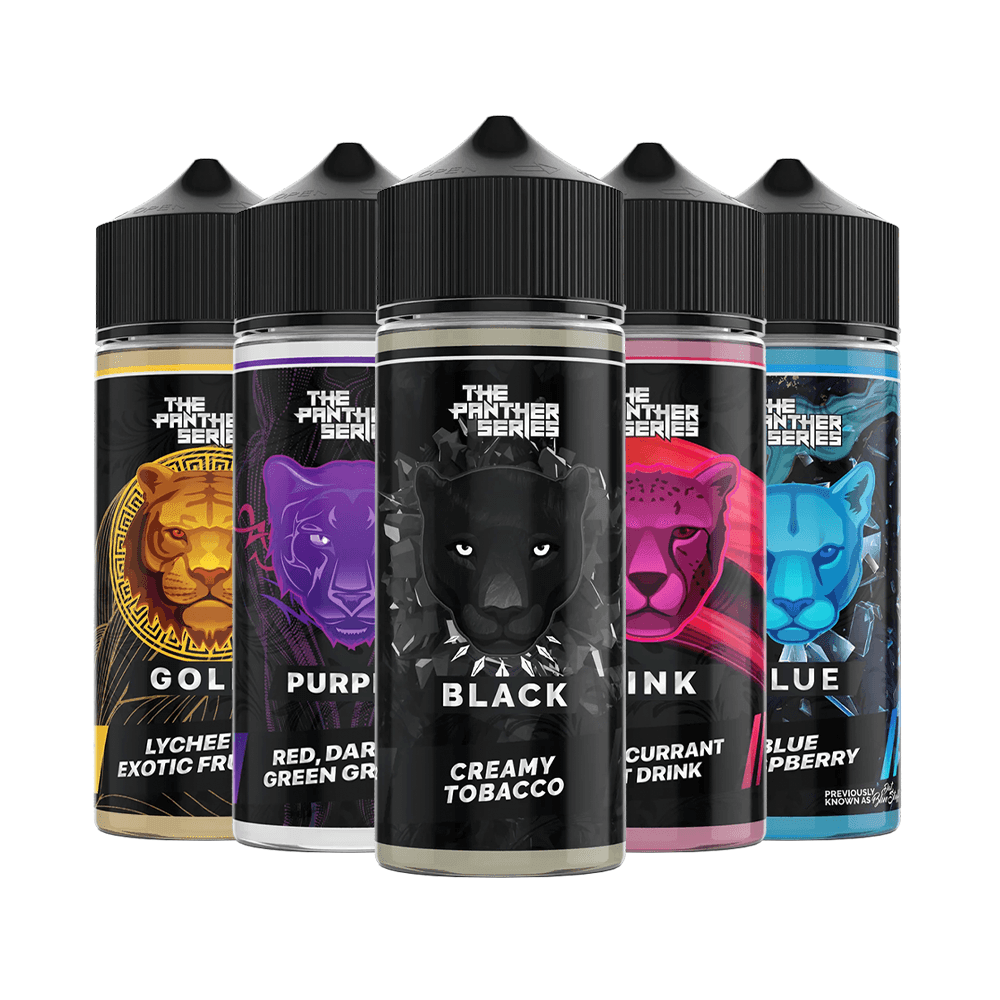 Five Dr Vapes Panther Series e-liquid bottles in various flavours and colours.