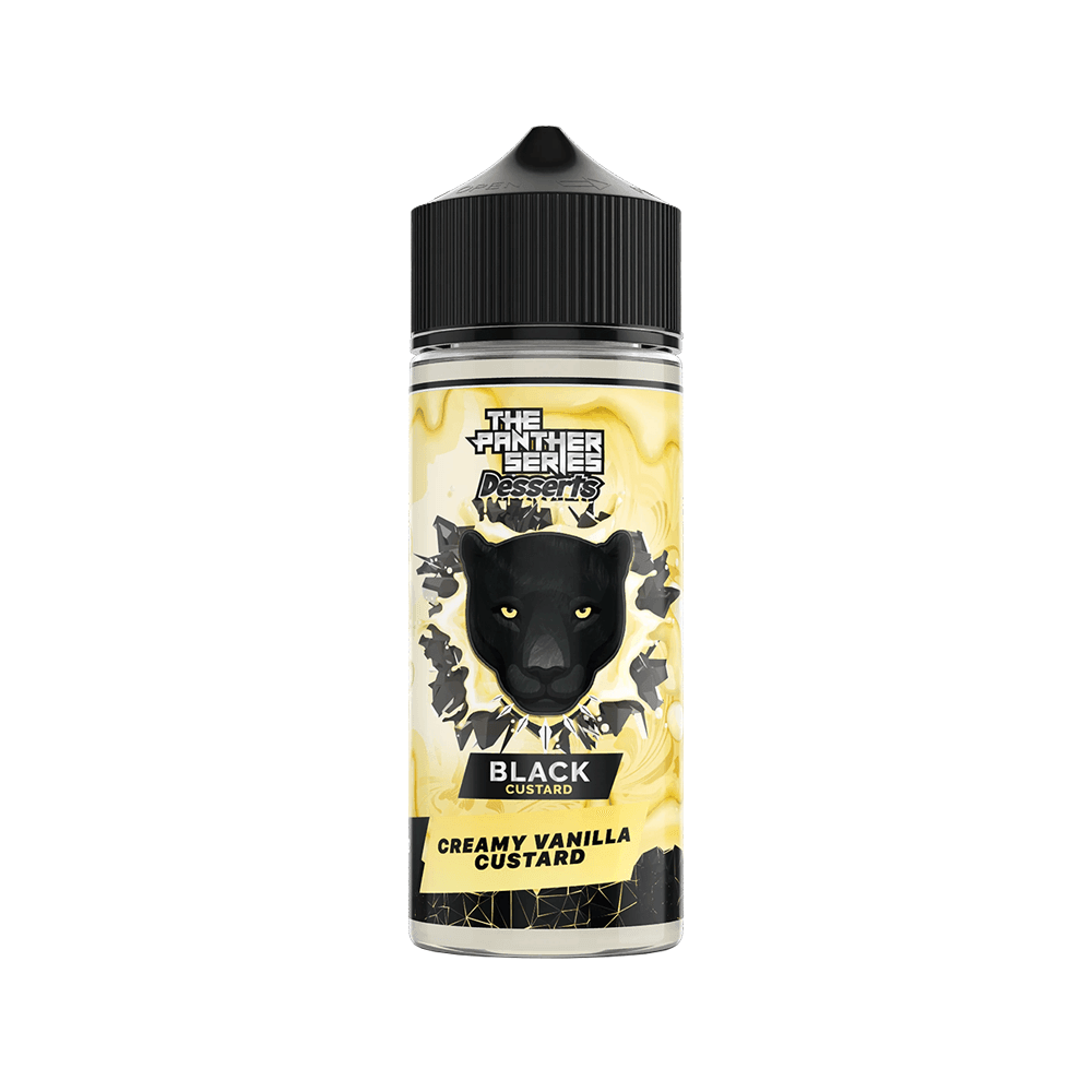 Vape juice bottle with a panther design, labelled "Black Custard - Creamy Vanilla Custard".