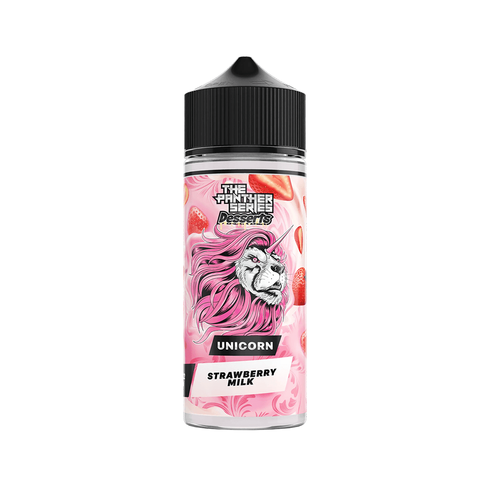 Dr Vapes Panther Series Unicorn Strawberry Milk e-liquid bottle with pink lion design.