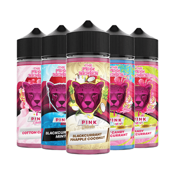 Five colourful e-liquid bottles with a pink panther design and fruity flavours.