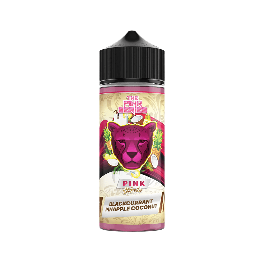 Dr Vapes Pink Series e-liquid bottle with blackcurrant, pineapple, and coconut flavour design.