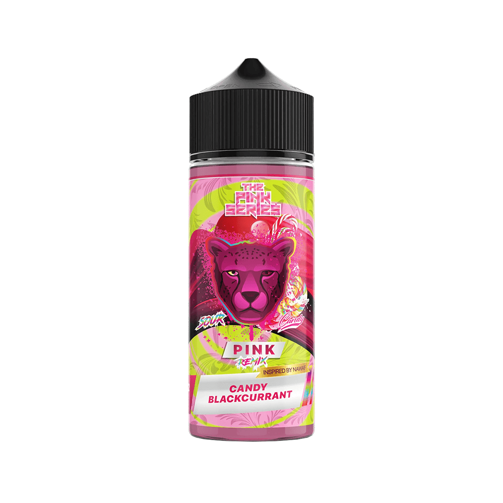 Dr Vapes Pink Series e-liquid bottle, candy blackcurrant flavour, vibrant pink label.