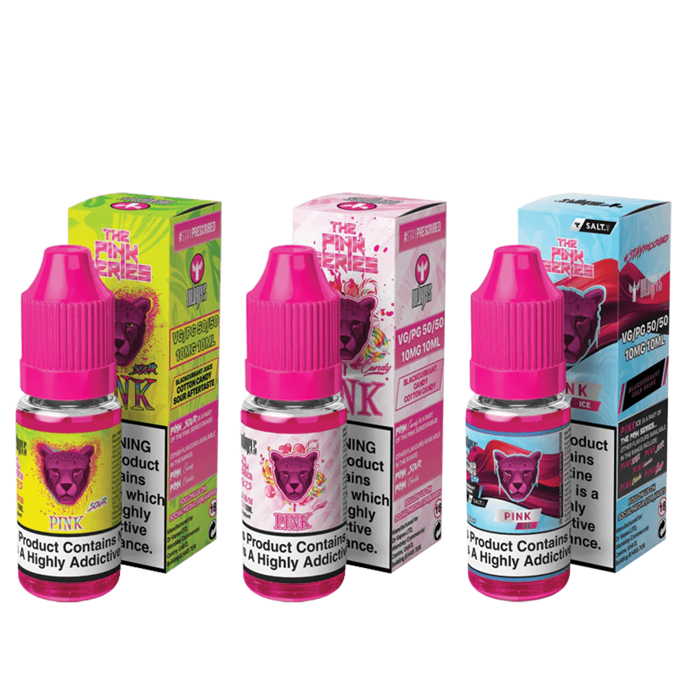 Three Dr Vapes Pink Series e-liquid bottles with colourful packaging.