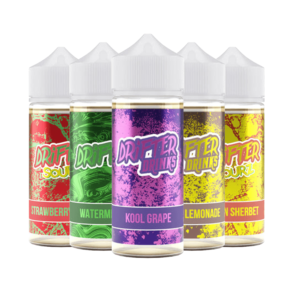 Five Drifter e-liquid bottles in various flavours, including strawberry and lemonade.