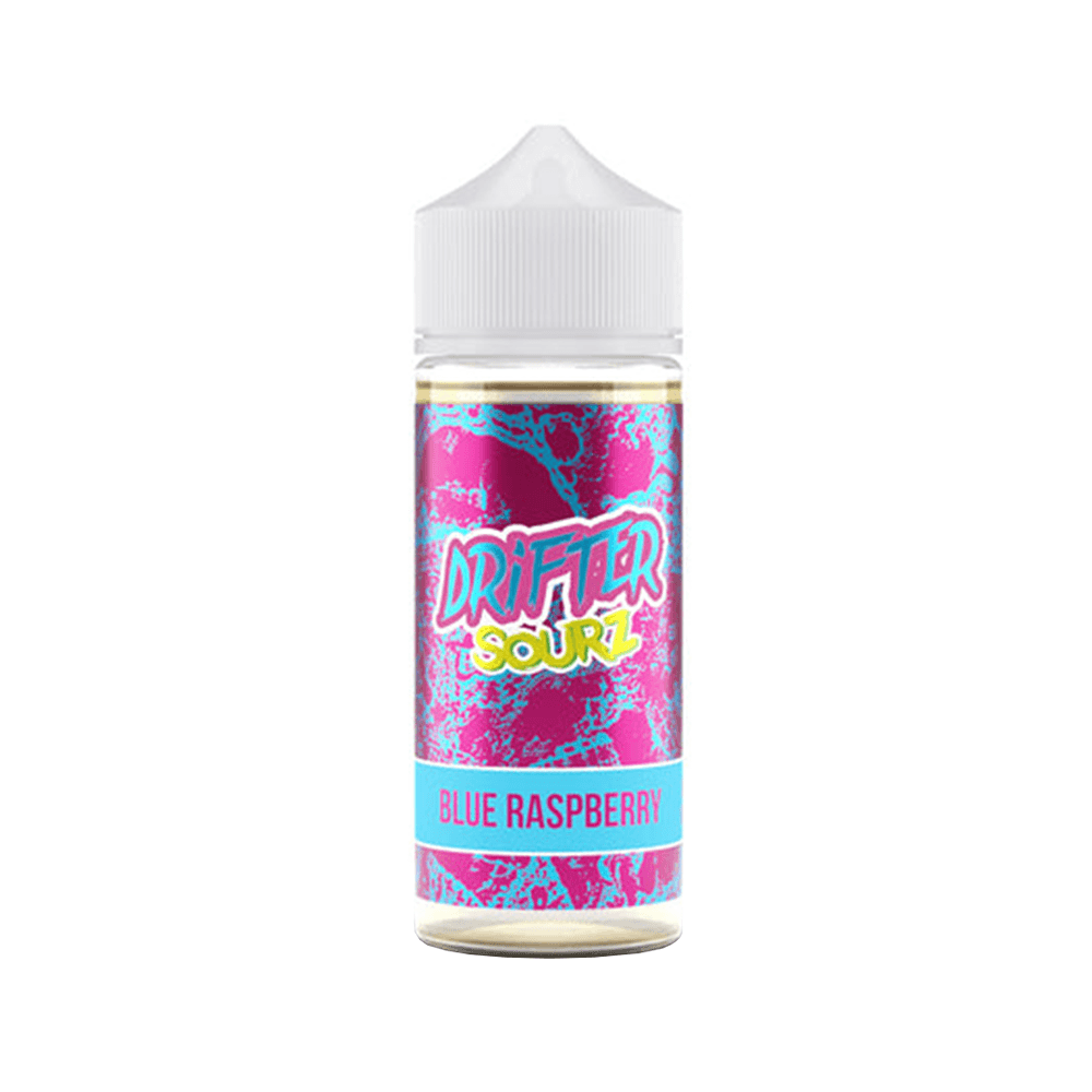 Drifter Sourz Blue Raspberry vape juice bottle with vibrant pink and blue label.