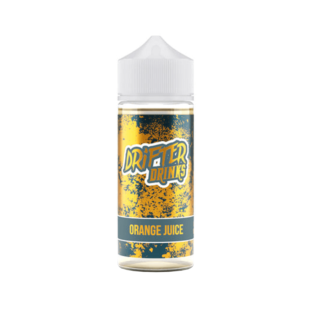 Drifter Drinks Orange Juice vape juice bottle, 100ml shortfill, vibrant yellow label.