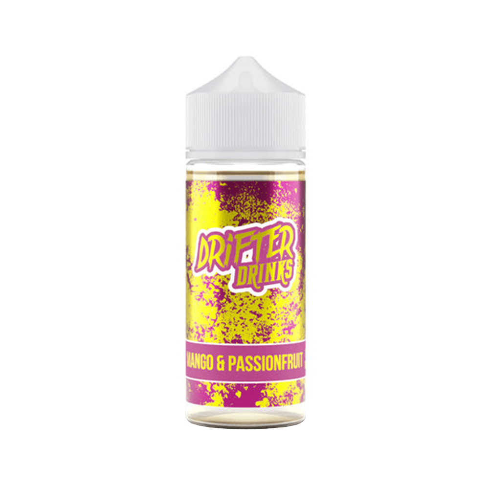 Drifter Drinks Mango & Passionfruit vape juice bottle with vibrant yellow and purple label.