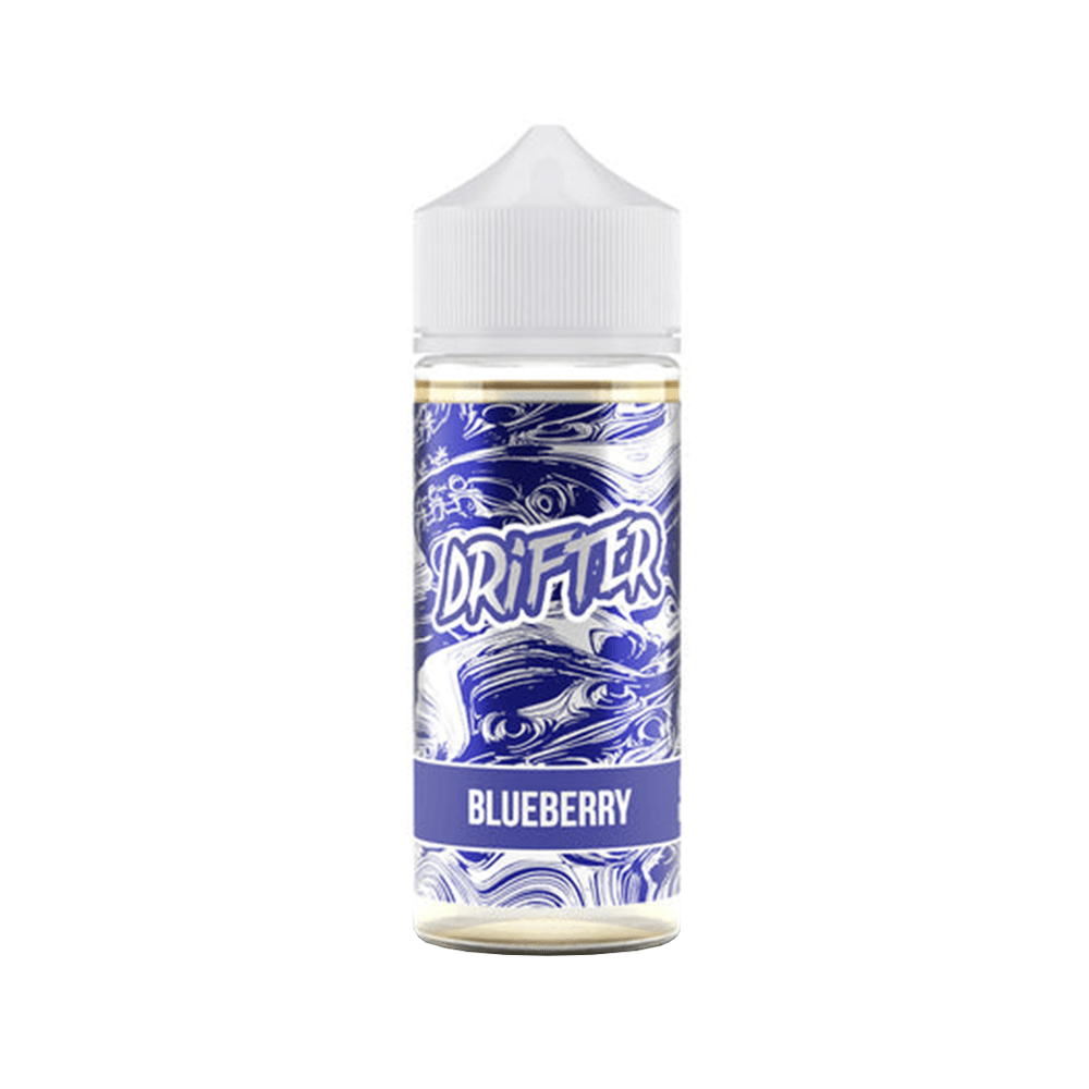 Drifter Blueberry vape juice bottle with a white and blue swirled design.