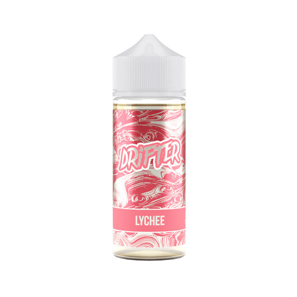 Drifter Lychee 100ml shortfill e-liquid bottle with pink and white swirled design.