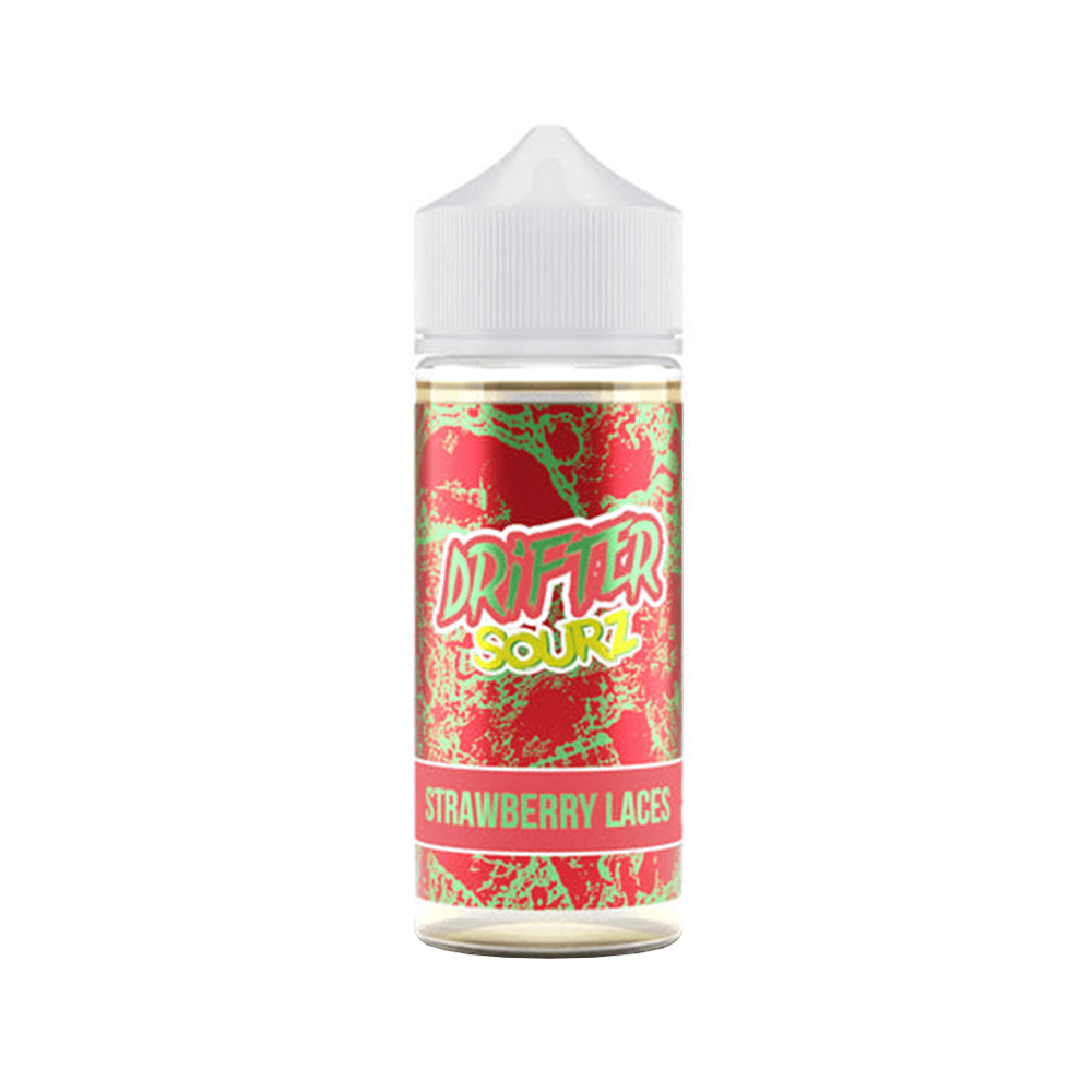 Drifter Sourz Strawberry Laces vape juice bottle with vibrant red and green label.