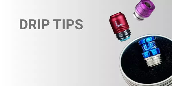 Assorted 510 and 810 drip tips including a red metallic 909 model, a translucent purple tip, and a blue resin swirl tip.