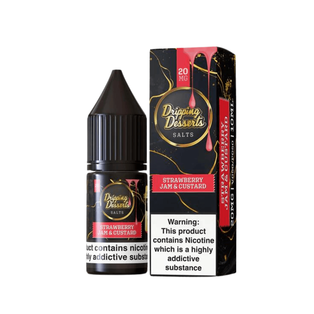 Dripping Desserts Strawberry Jam & Custard 10ml nic salt bottle and box, 20mg nicotine.