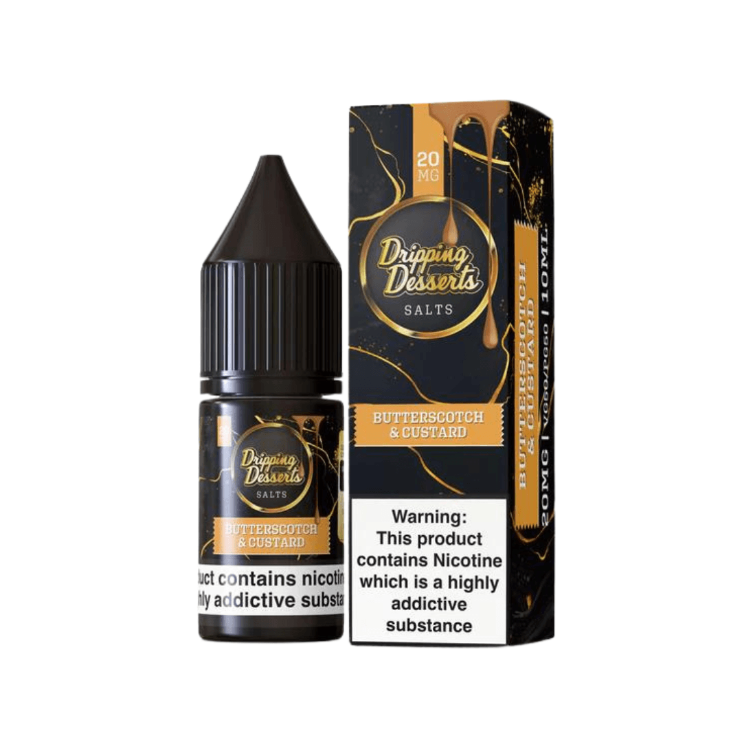 Dripping Desserts Butterscotch & Custard 10ml Nic Salt bottle and box with a nicotine warning.