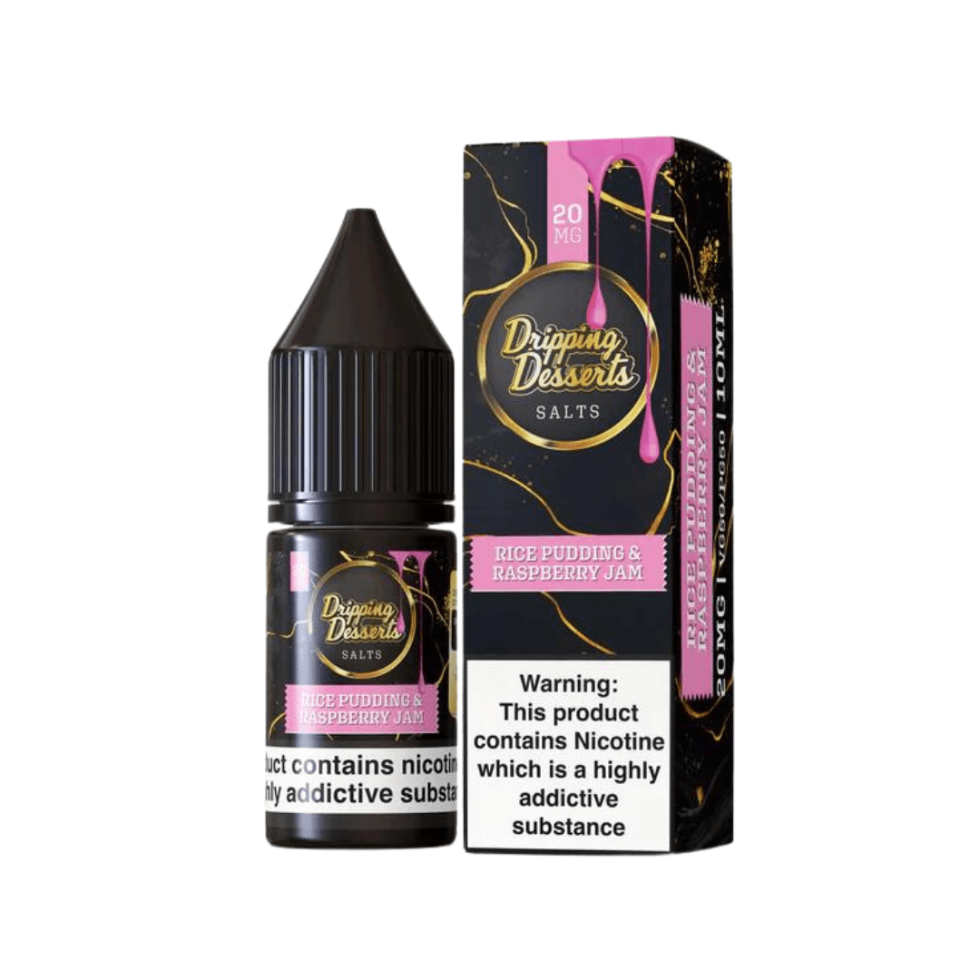 Dripping Desserts Rice Pudding & Raspberry Jam 10ml Nic Salt bottle and box, 20mg nicotine.