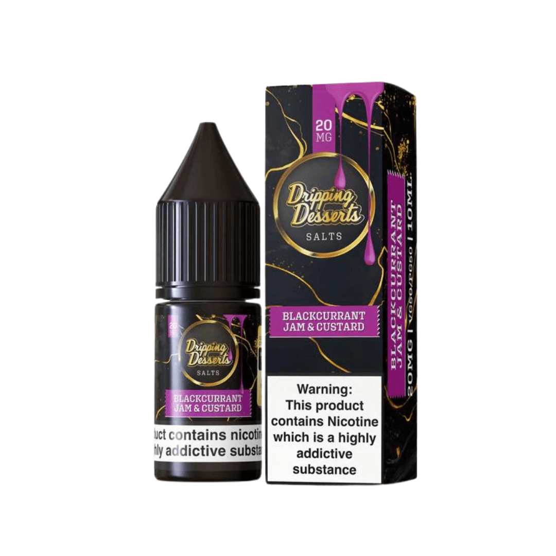 Dripping Desserts Salts Blackcurrant Jam & Custard 10ml bottle with packaging, 20mg nicotine.