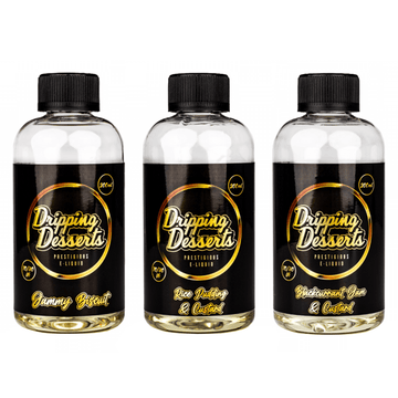 Three Dripping Desserts e-liquid bottles: Jammy Biscuit, Rice Pudding, Blackcurrant Jam.