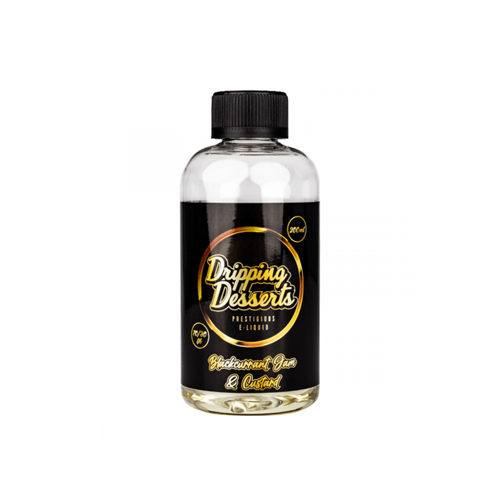 Bottle of Dripping Desserts Blackcurrant Jam & Custard 200ml e-liquid with black label.